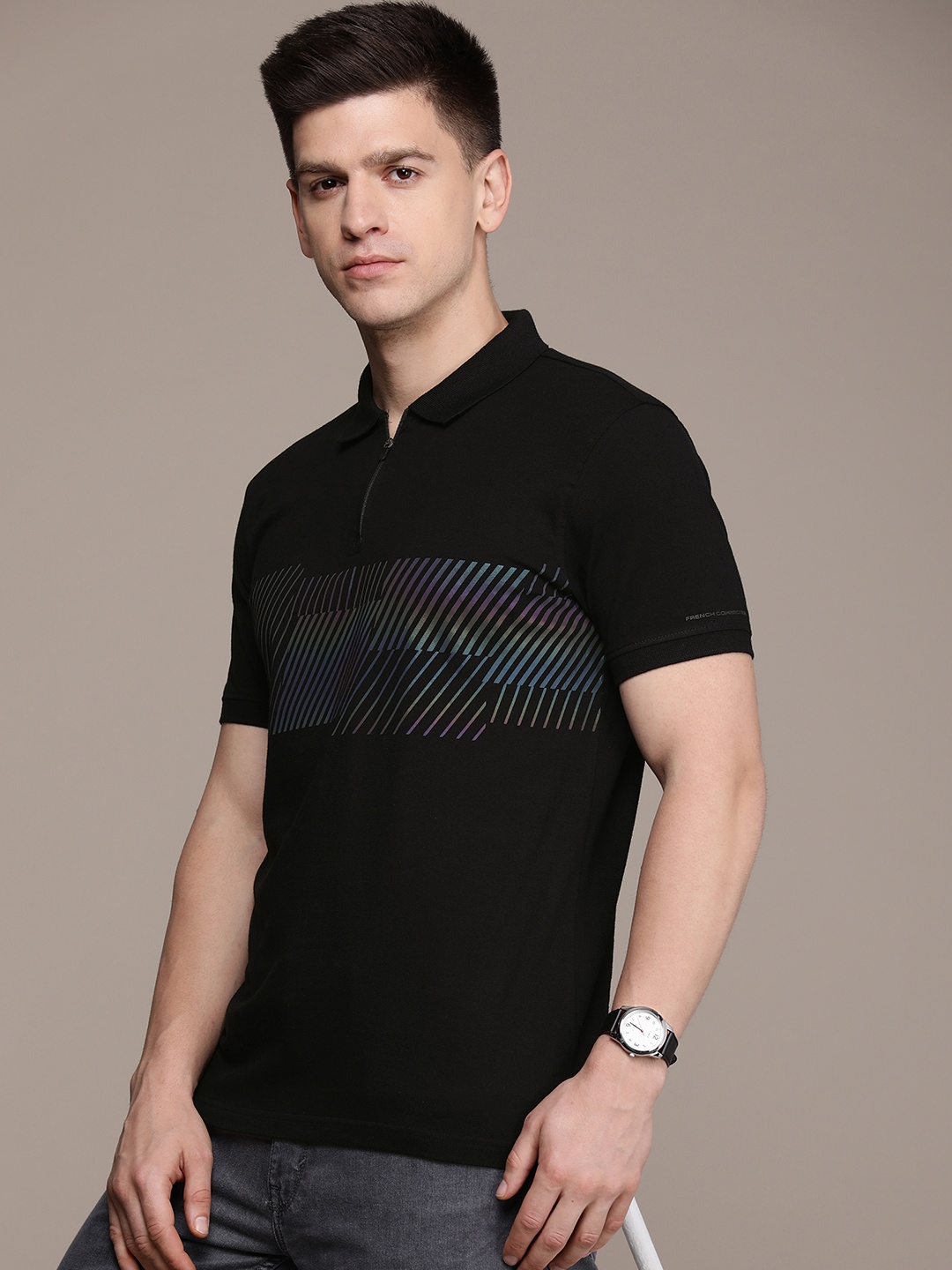 

French Connection Printed Polo Collar Pure Cotton T-shirt, Black