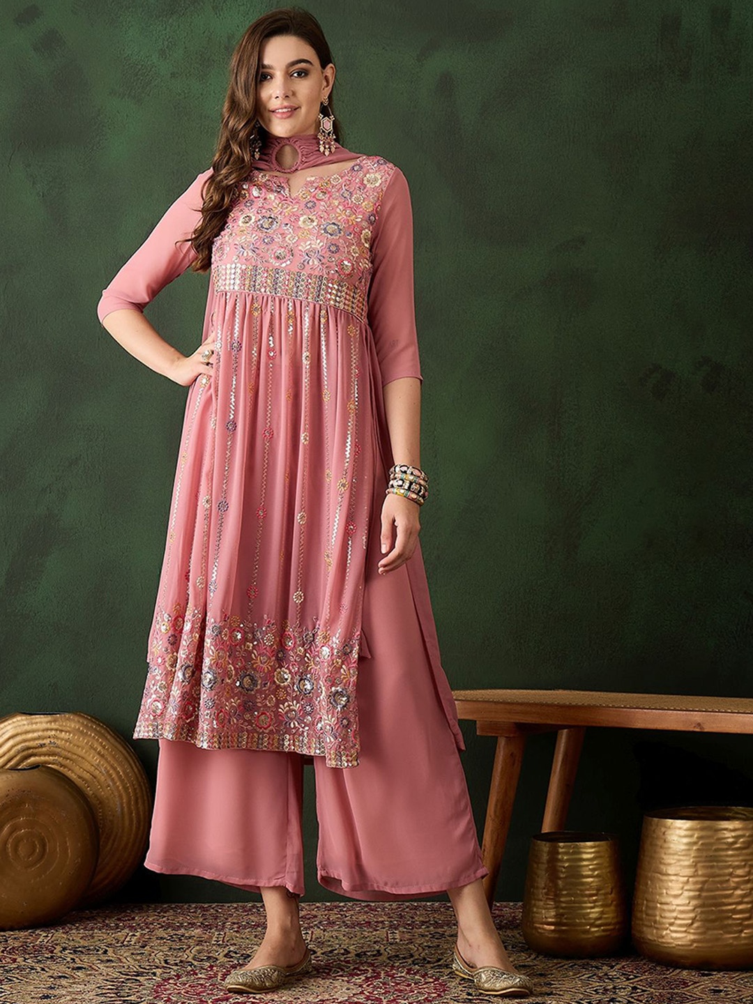 

Sangria Embroidered Kurta & Trousers With Dupatta, Pink