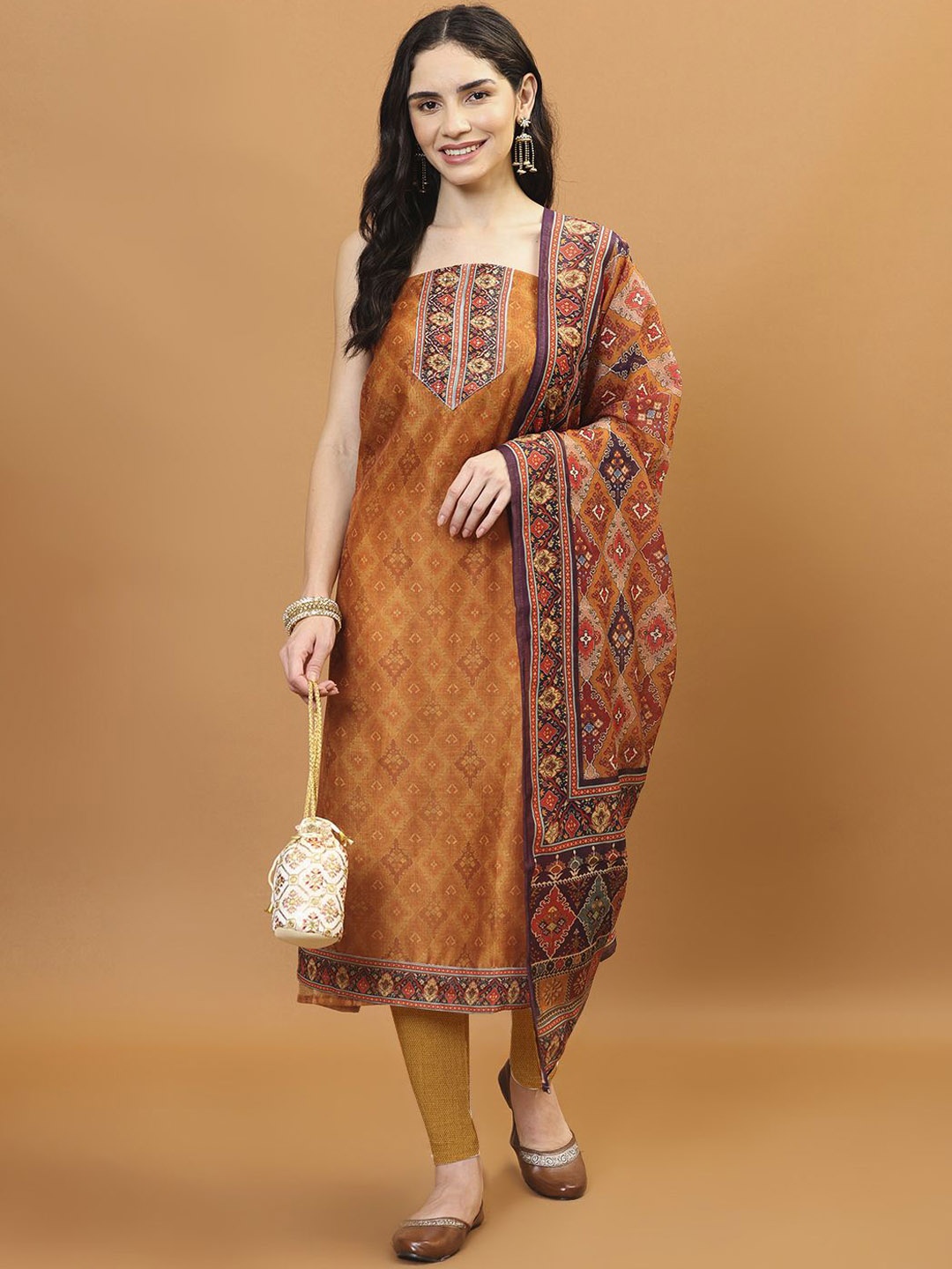 

Meena Bazaar Printed Art Silk Unstitched Dress Material, Mustard