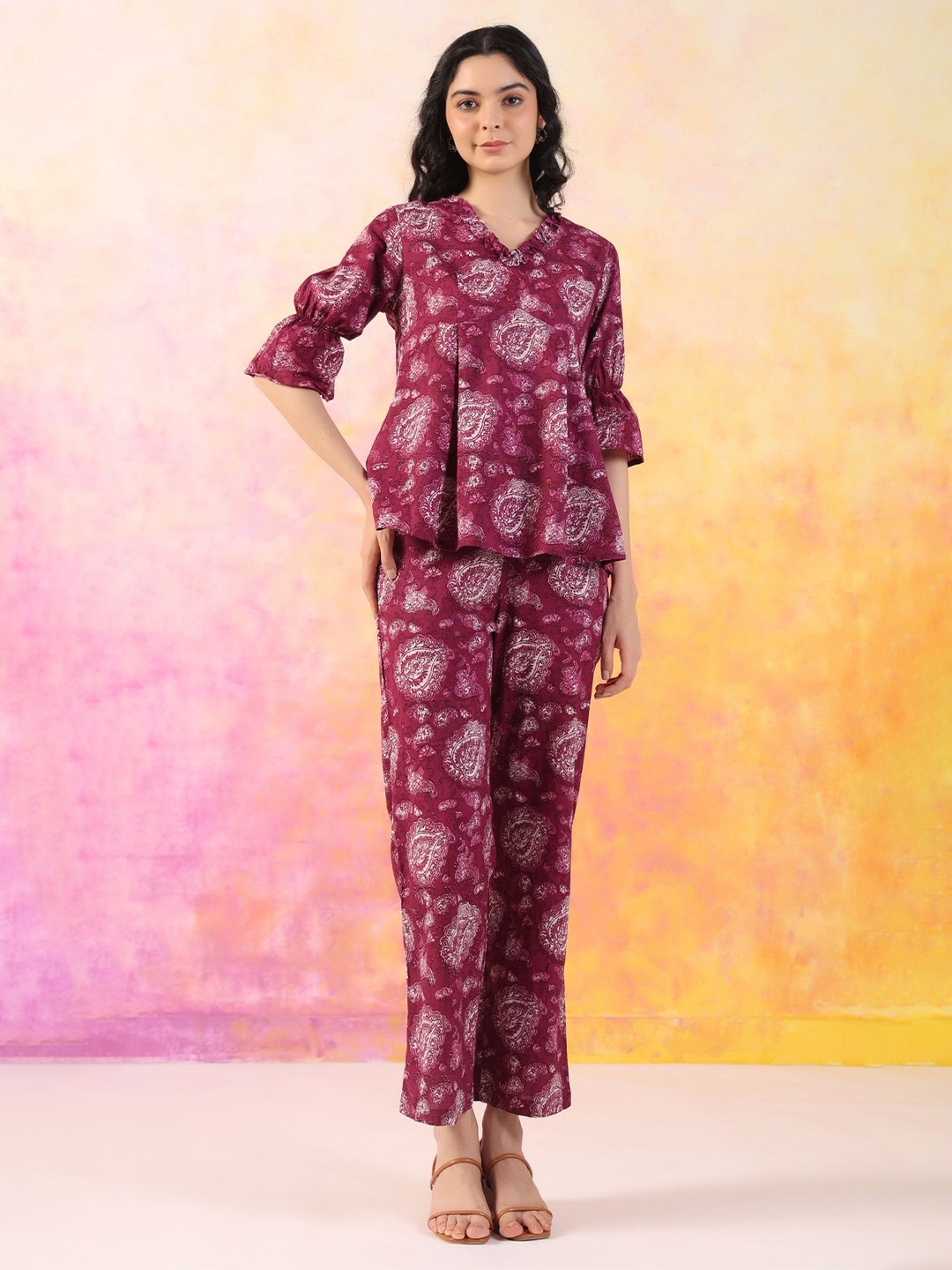 

JISORA Paisley Printed Pure Cotton Top With Trousers, Purple