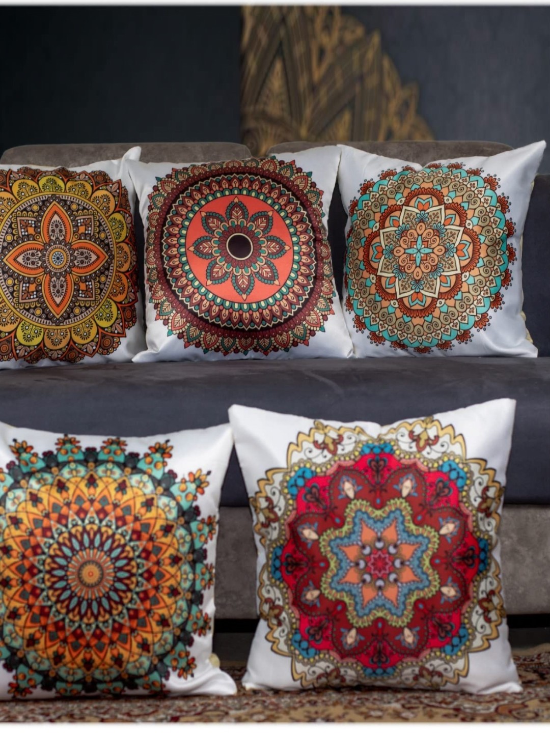 

Vendola White & Yellow 5 Pieces Ethnic Motifs Printed Satin Square Cushion Covers