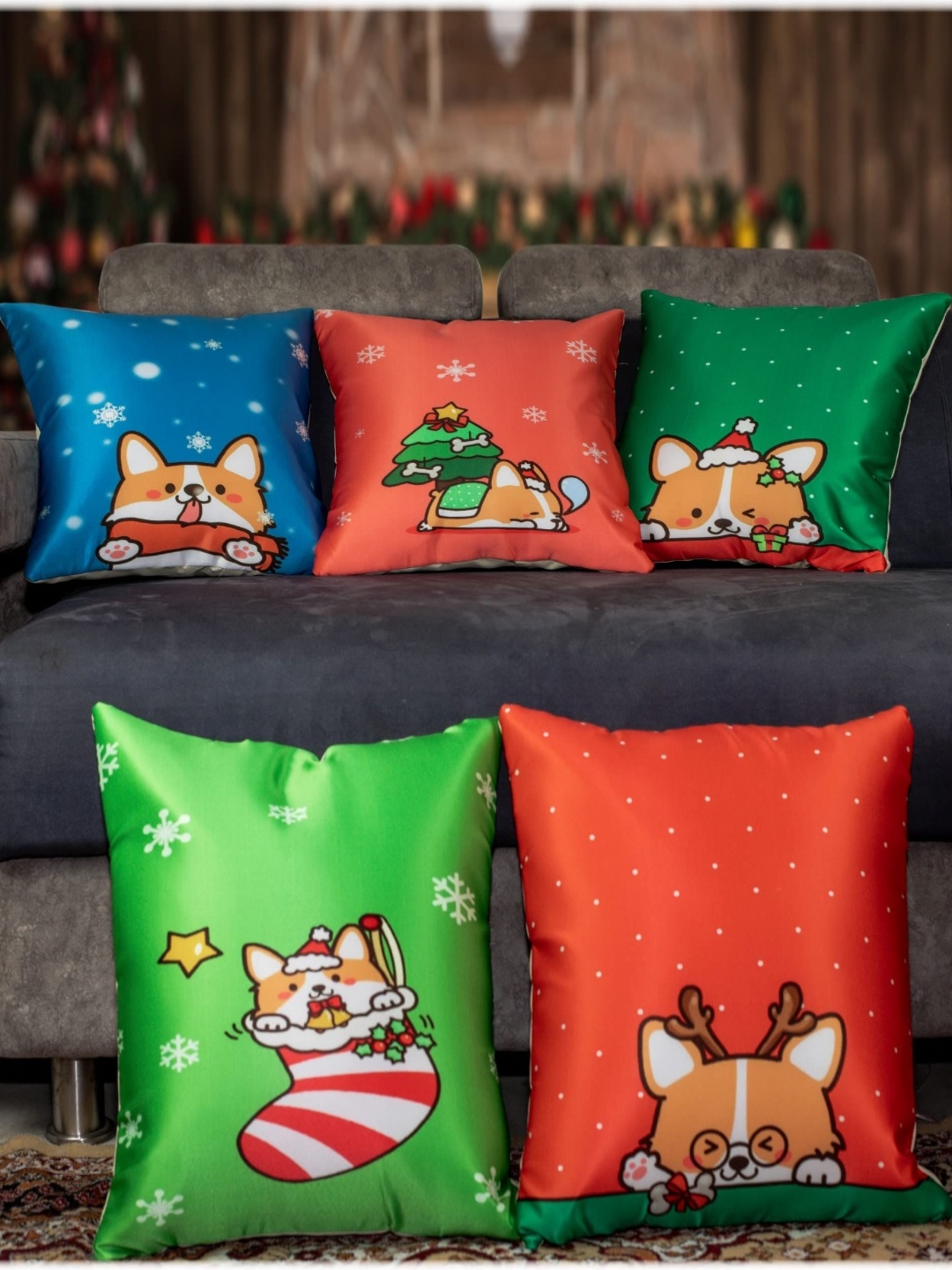 

Vendola Blue & Green 5 Pieces Quirky Satin Square Cushion Covers