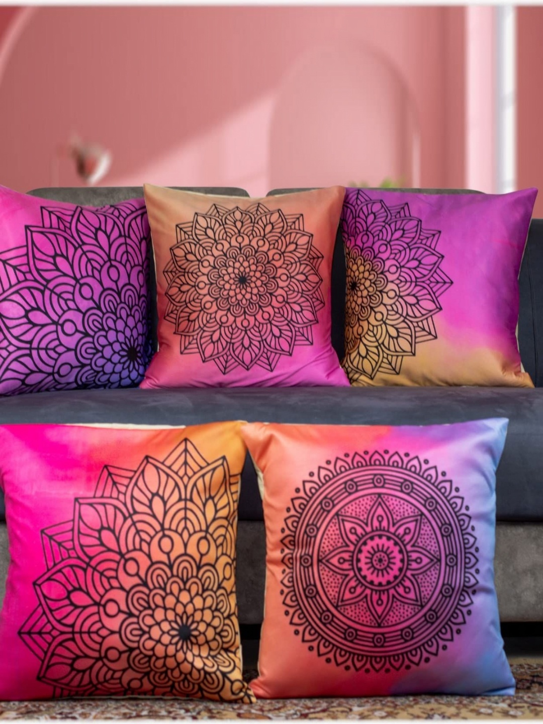 

Vendola Pink & Purple 5 Pieces Floral Printed Satin Square Cushion Covers