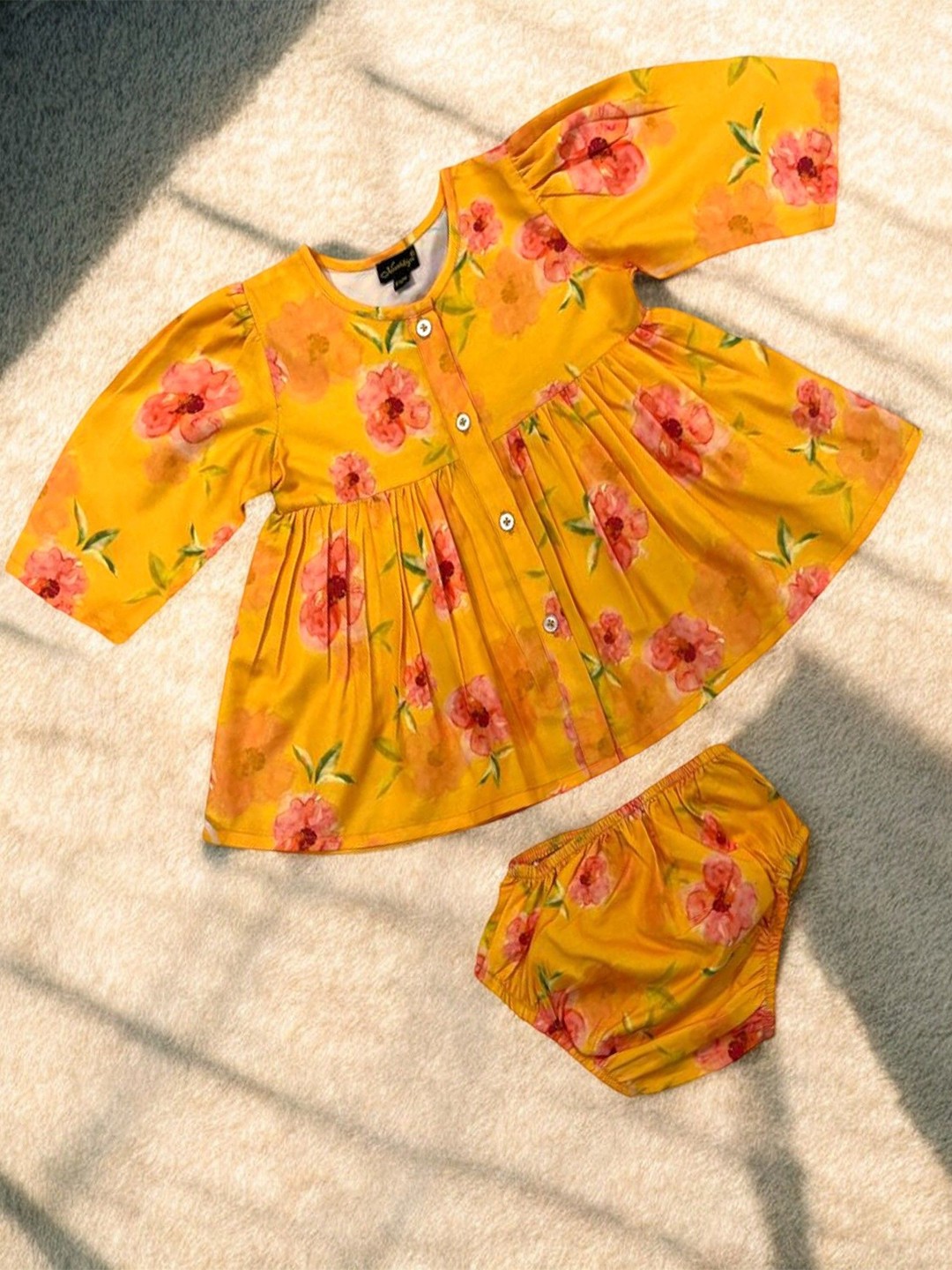 

MUSHKIYA Girls Floral Printed Satin Fit & Flare Dress, Yellow