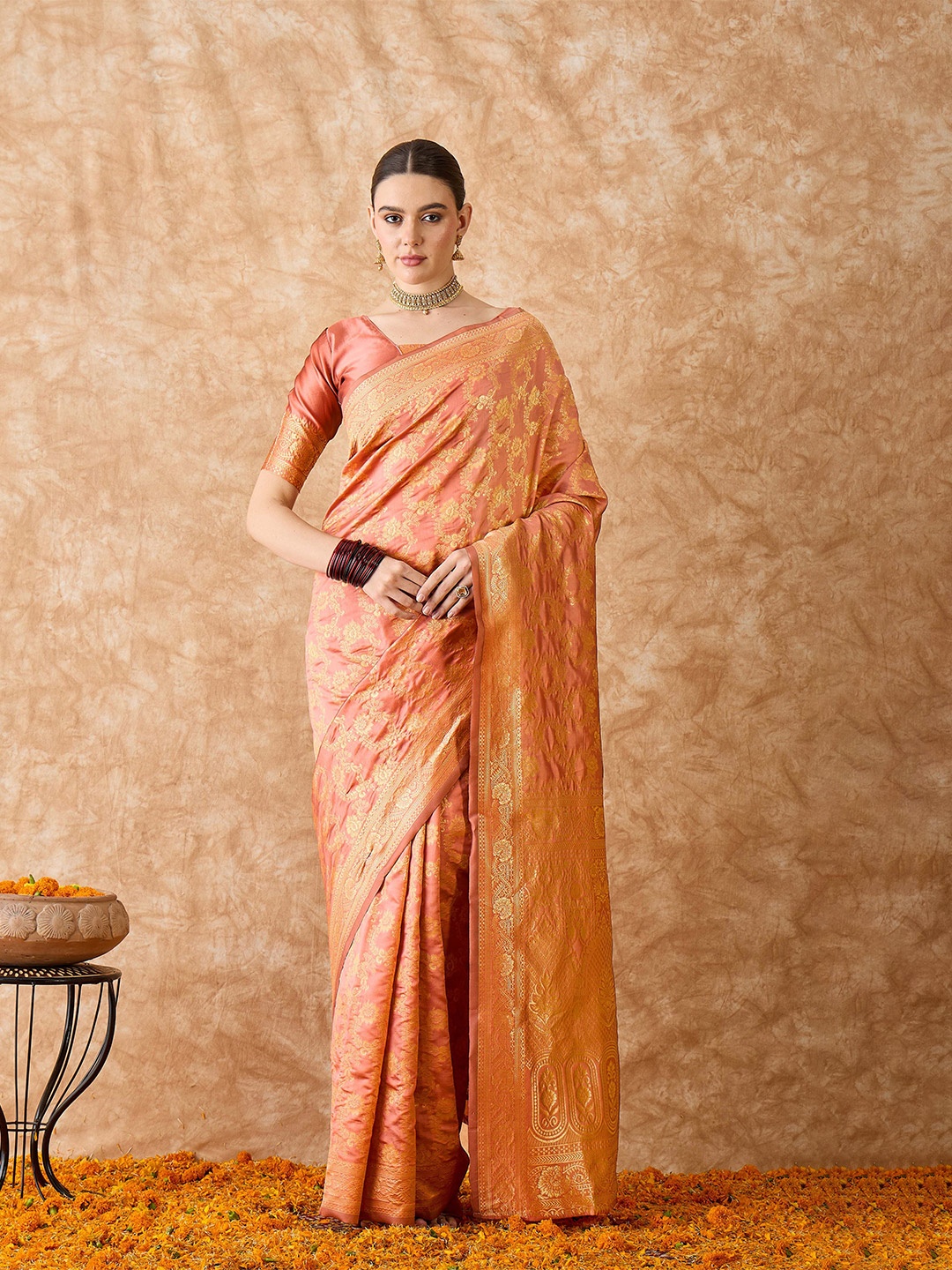

Sangria Woven Design Banarasi Saree With Blouse Piece, Peach