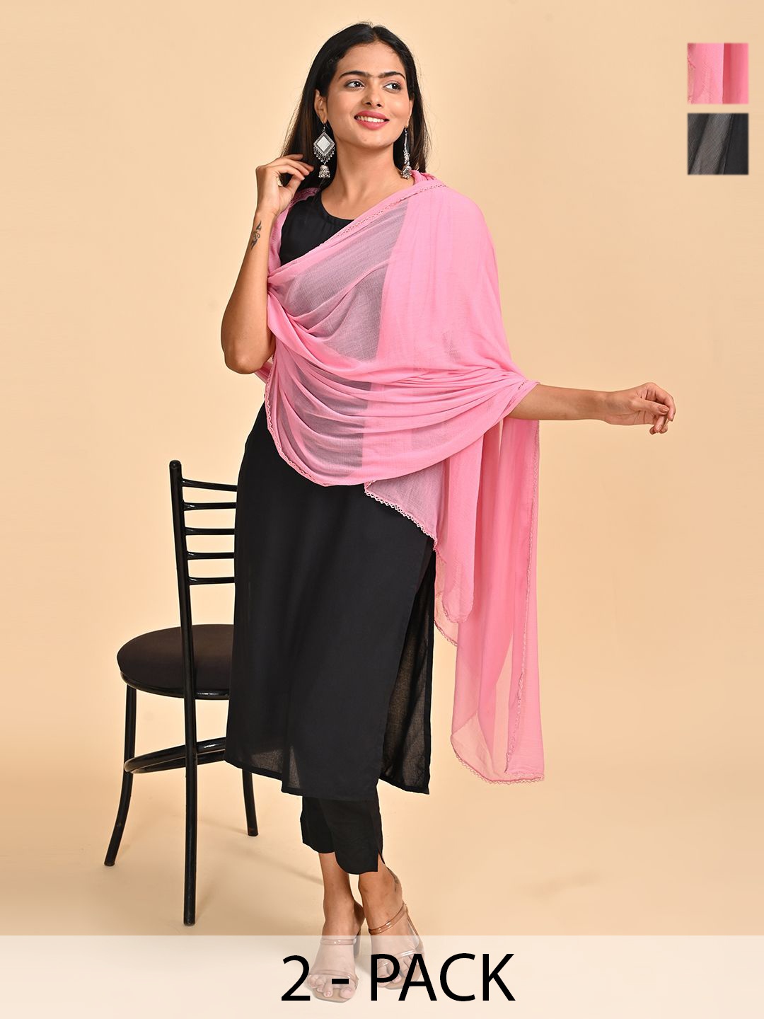 

HELLA FASHIONS Pack Of 2 Chiffon Dupattas, Pink