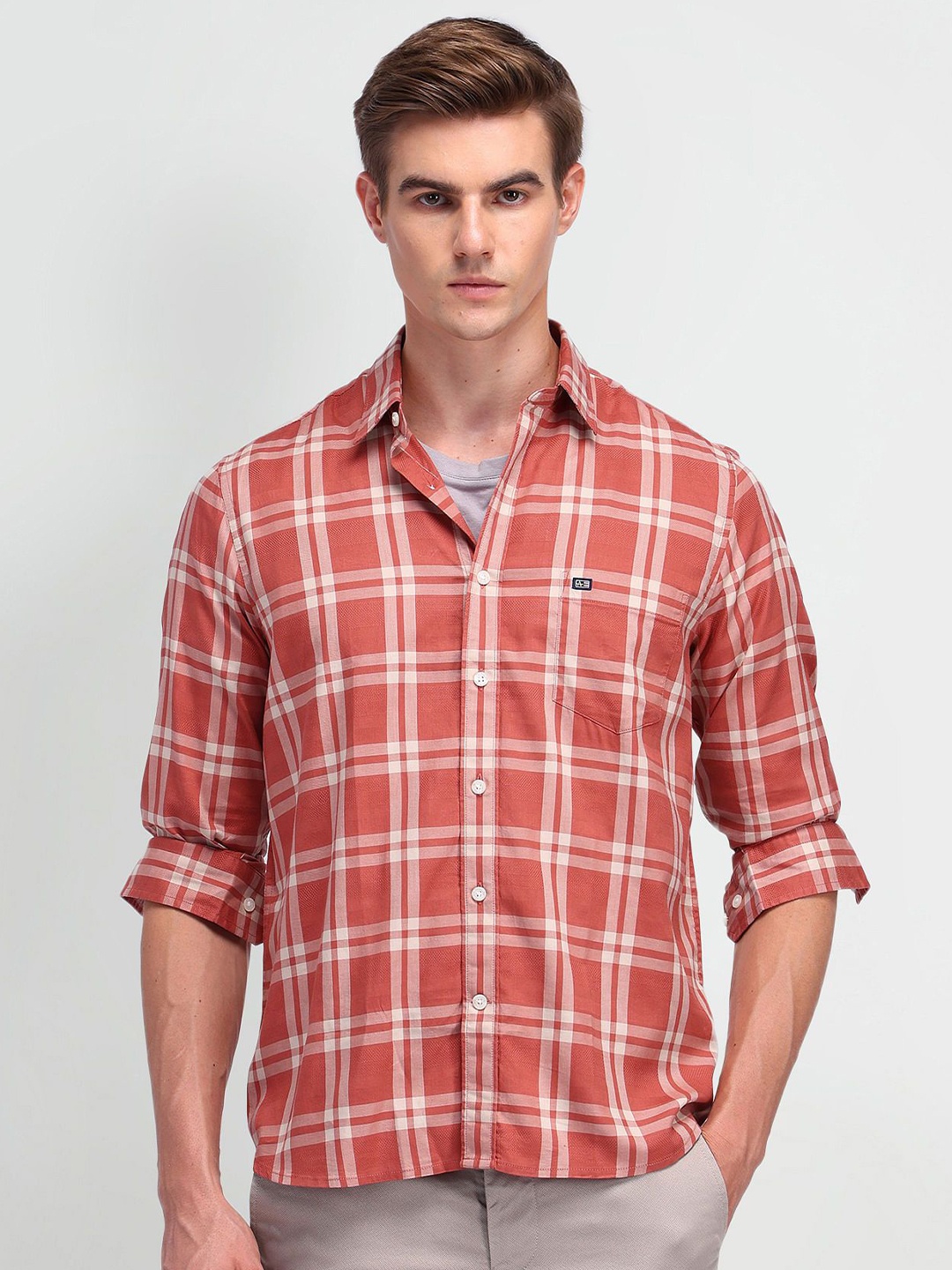 

Arrow Sport Men Modern Slim Fit Opaque Checked Casual Shirt, Beige