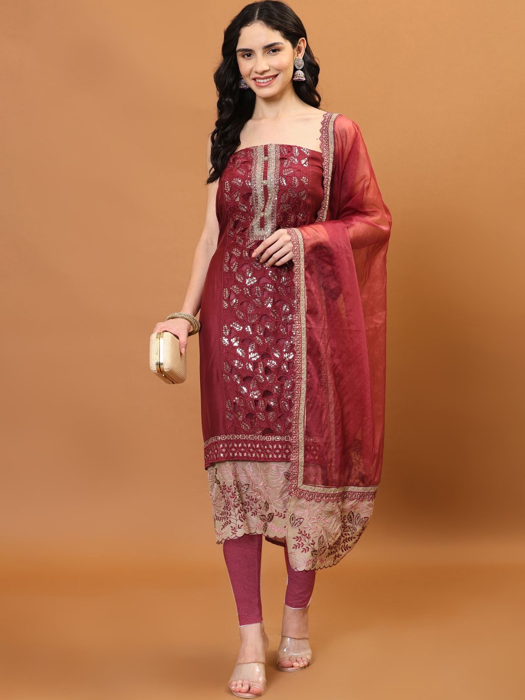 

Meena Bazaar Embroidered Organza Unstitched Dress Material, Burgundy