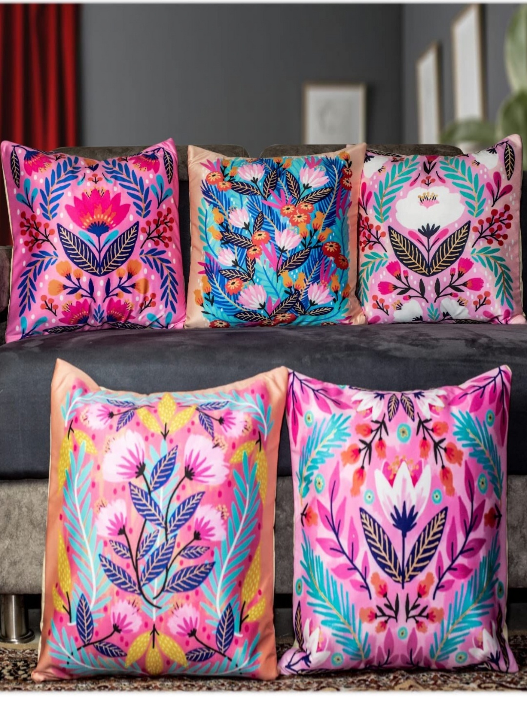 

Vendola Blue & Pink 5 Pieces Ethnic Motifs Printed Satin Square Cushion Covers