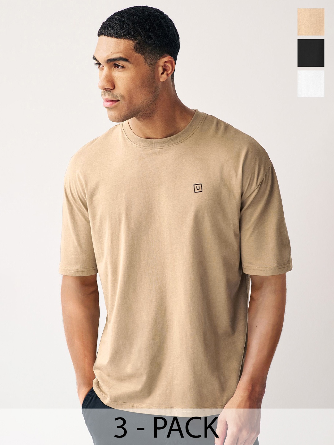 

Urbano Fashion Men Pack Of 3 Solid Round Neck Cotton Oversized T-shirts, Beige