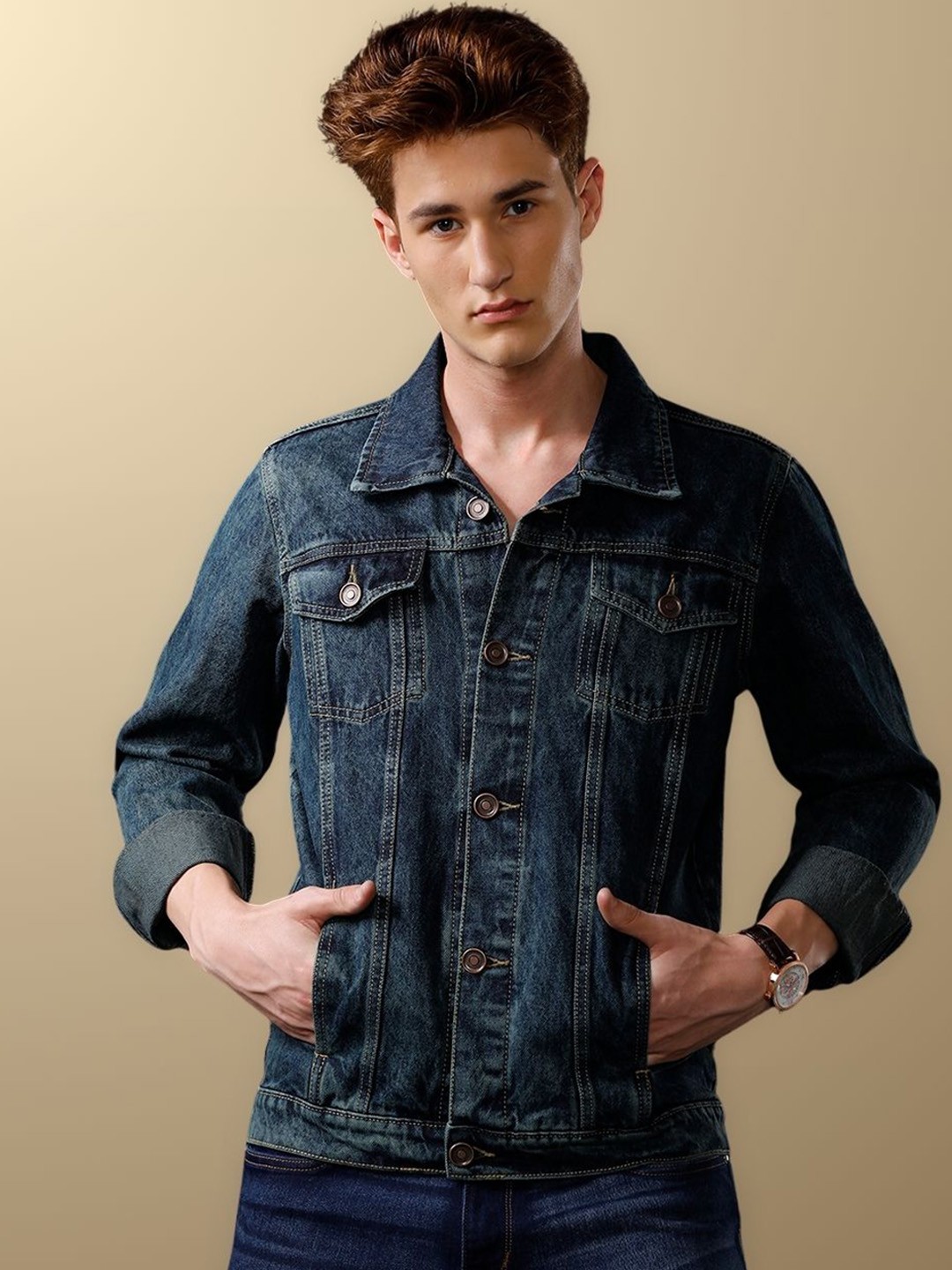 

TEMPLE OF DENIM Men Spread Collar Denim Jacket, Green