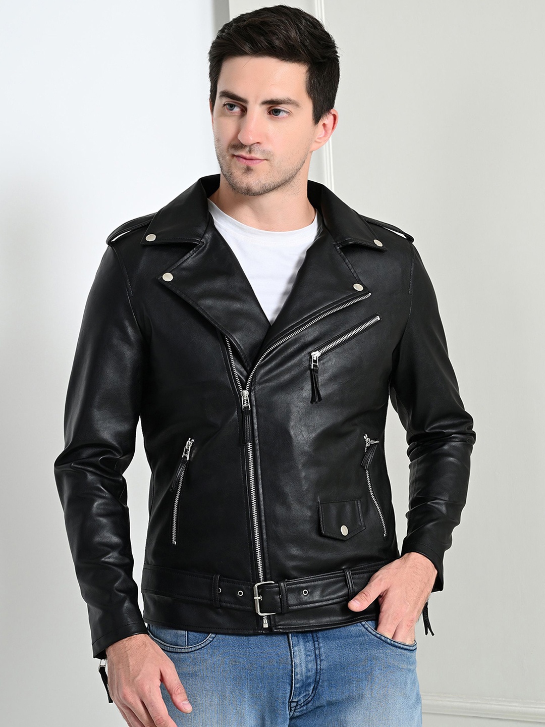 

TBOJ Lapel Collar Lightweight Anti Odour Leather Biker Jacket, Black