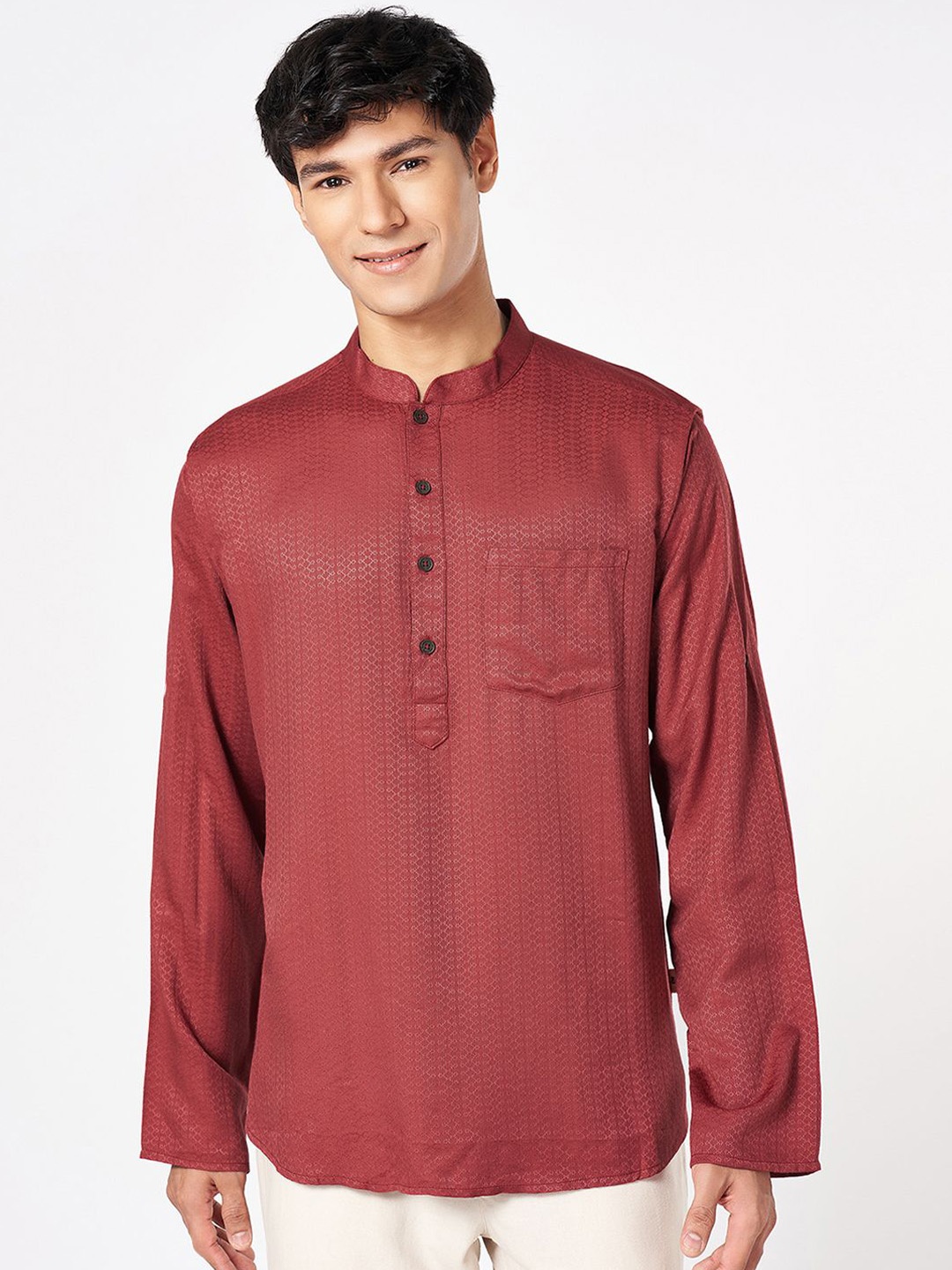 

indus route by Pantaloons Woven Design Thread Work Cotton Straight Kurta, Red