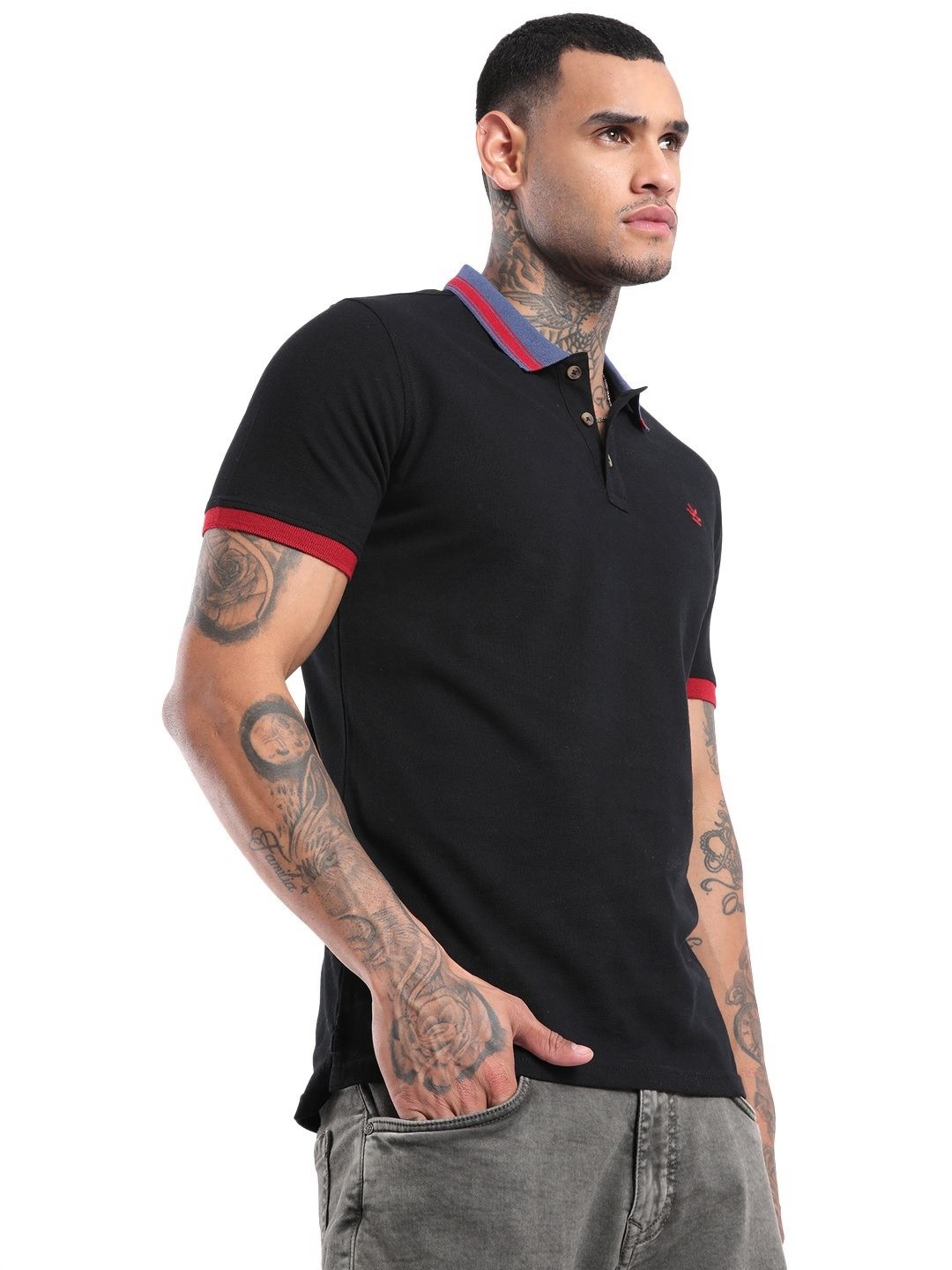 

WROGN Men Solid Polo Collar Pure Cotton Slim Fit T-shirt, Black
