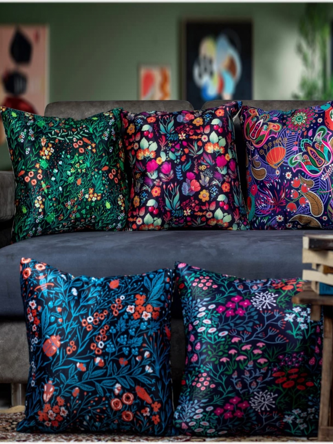 

Vendola Black & Blue 5 Pieces Floral Satin Square Cushion Covers