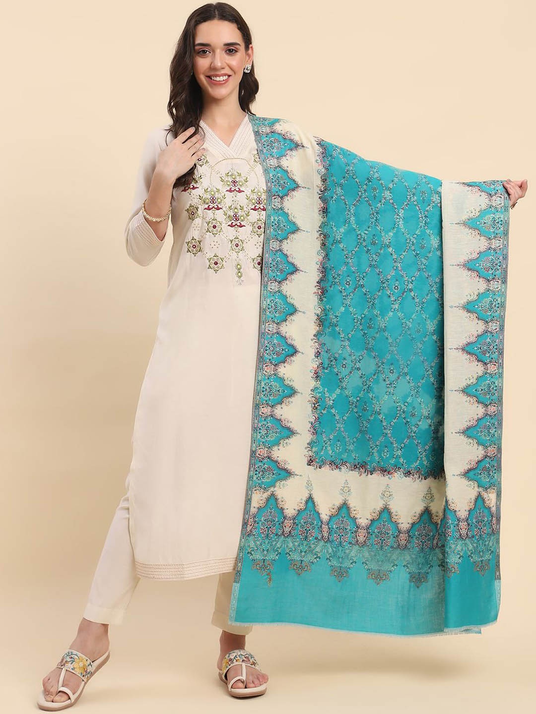 

La Vastraa Women Floral Woven Design Shawl, Blue