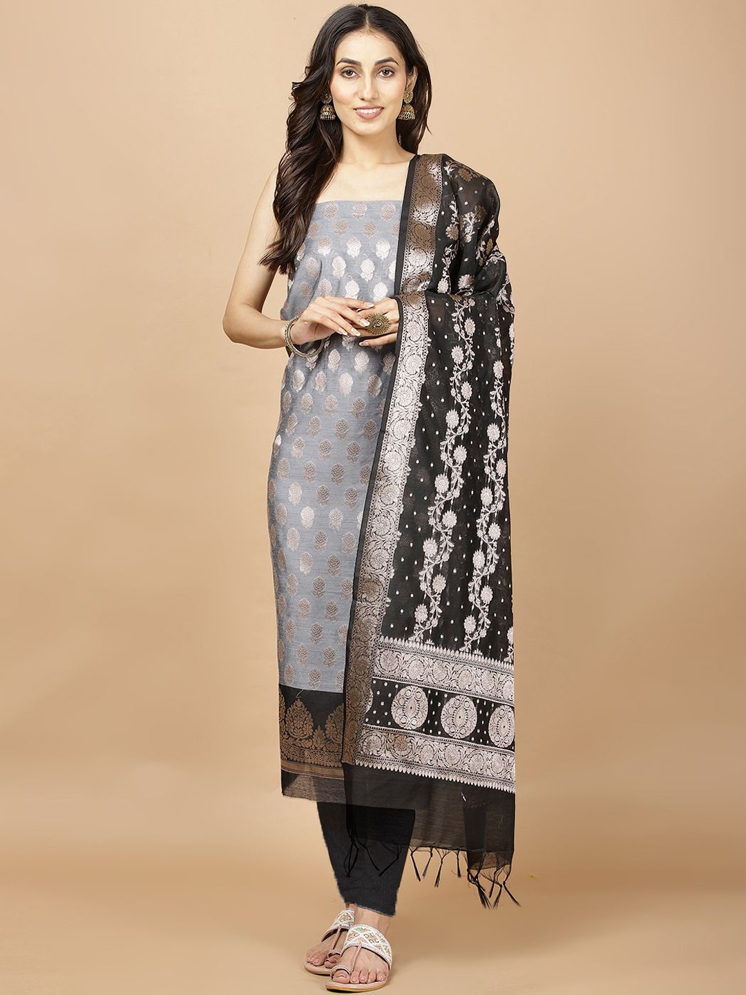 

Meena Bazaar Ethnic Motifs Woven Design Art Silk Unstitched Dress Material, Grey