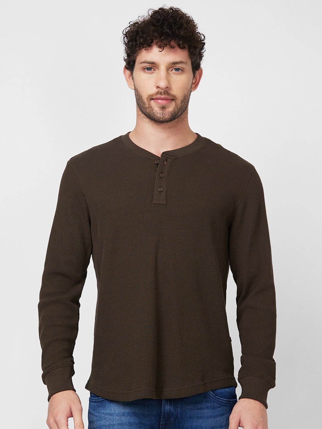 

SPYKAR Self Design Henley Neck Cotton Slim Fit T-shirt, Green