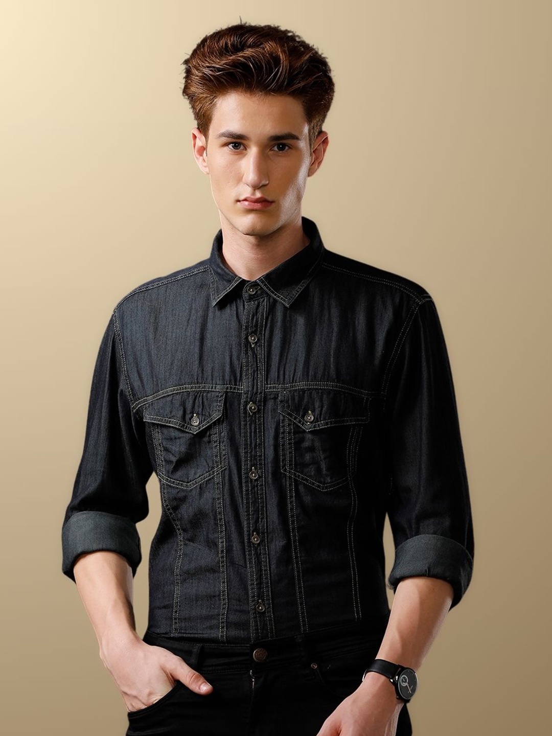 

TEMPLE OF DENIM Men India Slim Spread Collar Solid Denim Casual Shirt, Black