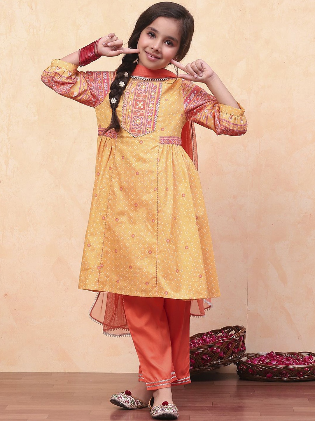 

Biba Girls Bandhani Printed Round Neck Pure Cotton Anarkali with Palazzos & With Dupatta, Yellow