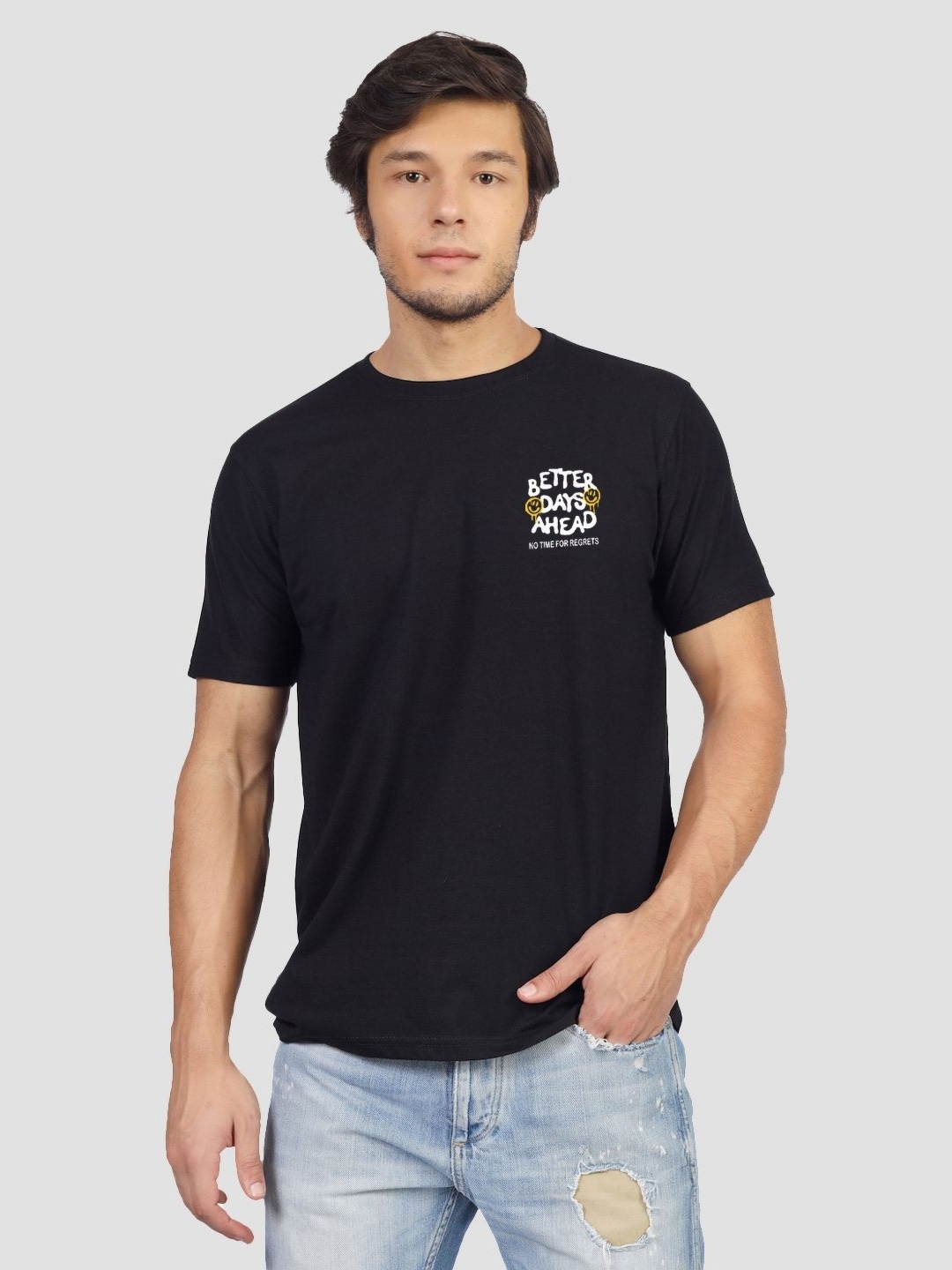 

Greylongg Men Typography Printed Round Neck Cotton T-shirt, Black