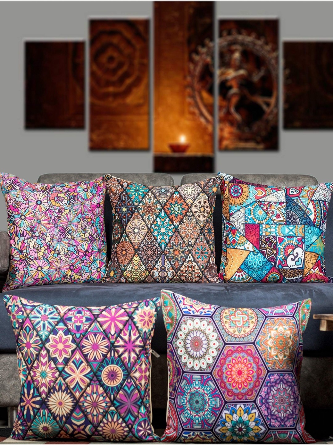 

Vendola Pink & Blue 5 Pieces Ethnic Motifs Printed Satin Square Cushion Covers