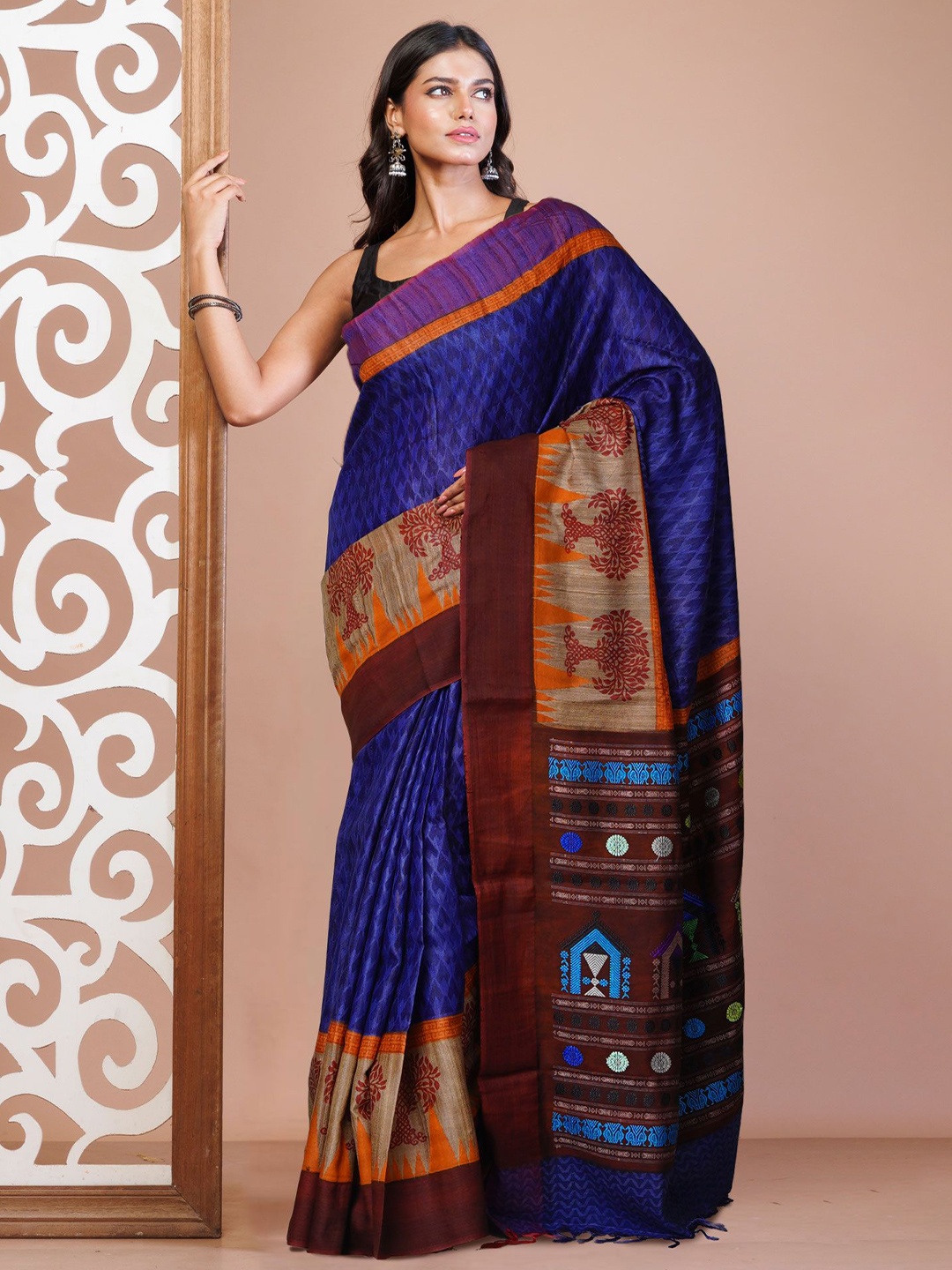 

Unnati Silks Ethnic Motifs Pure Silk Handloom Tussar Saree, Blue