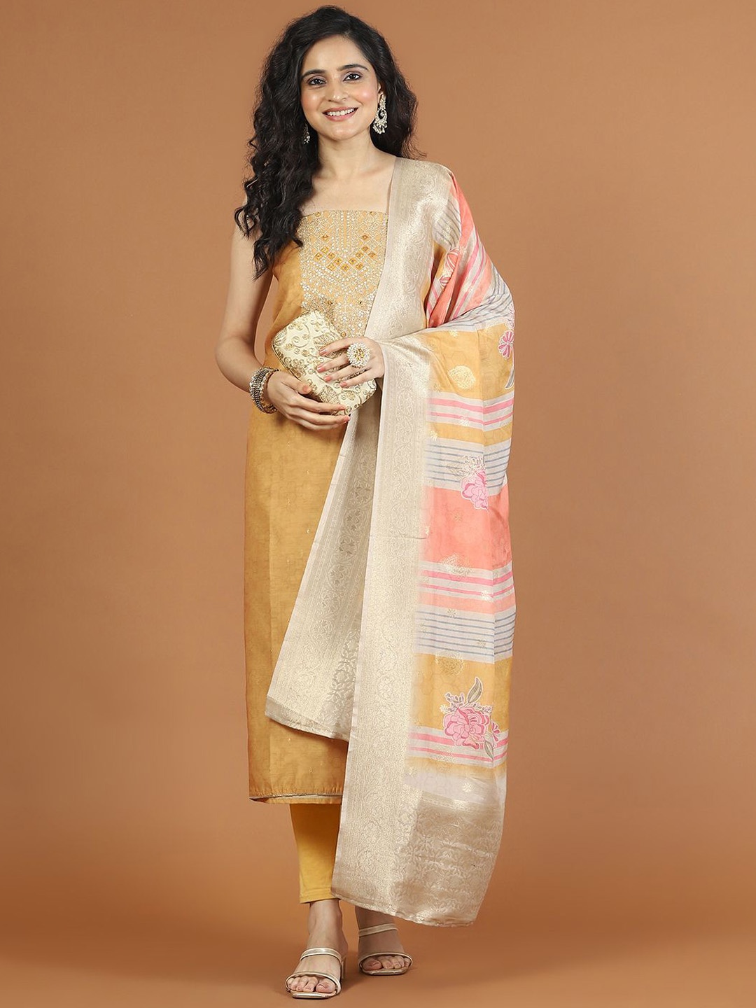 

Meena Bazaar Embroidered Art Silk Unstitched Dress Material, Mustard