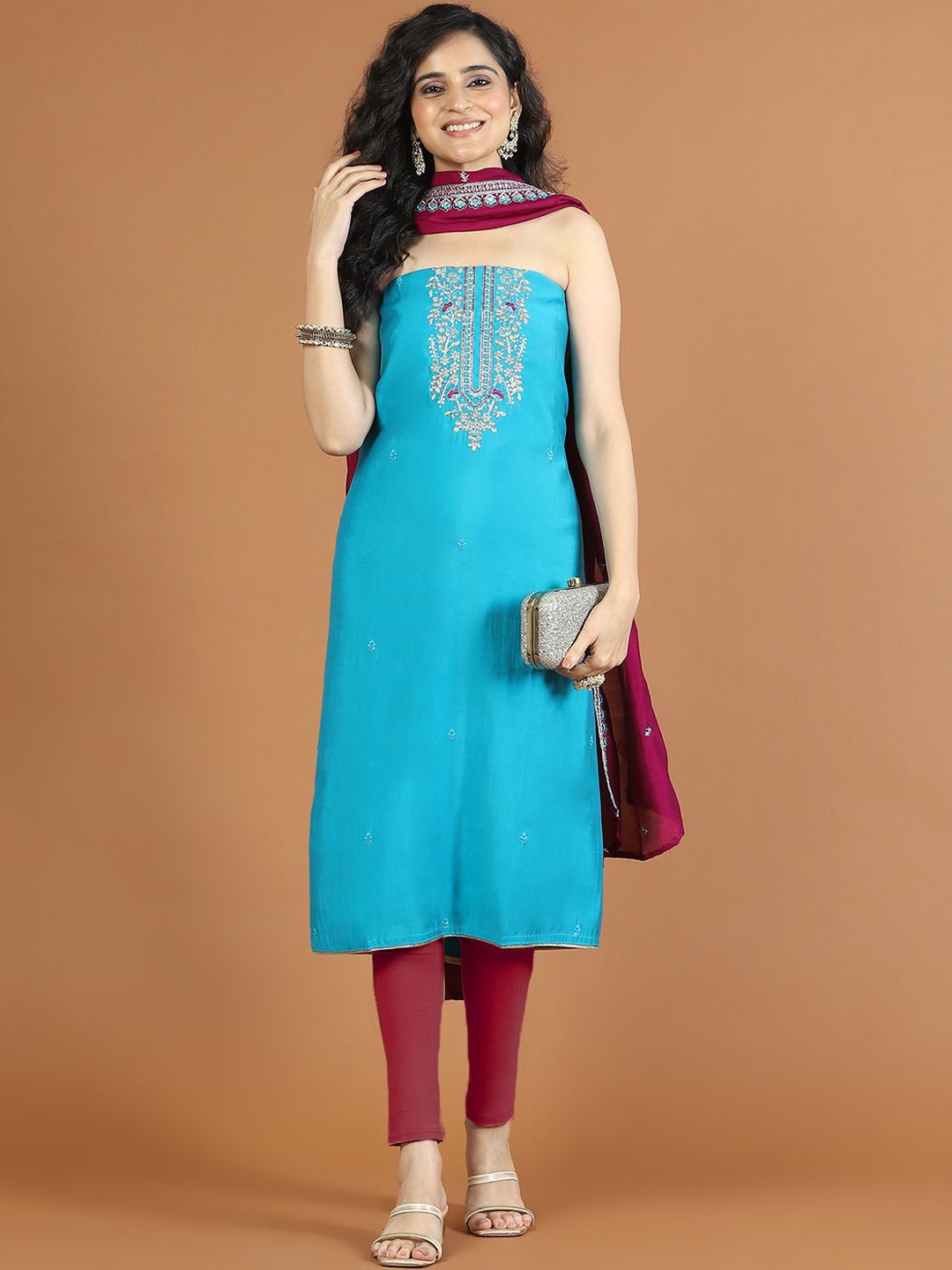 

Meena Bazaar Embroidered Art Silk Unstitched Dress Material, Blue