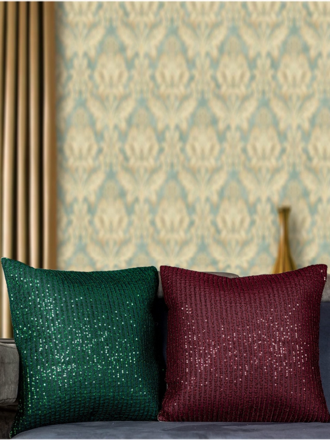 

Vendola Green & Brown 2 Pieces Embellished Square Cushion Covers