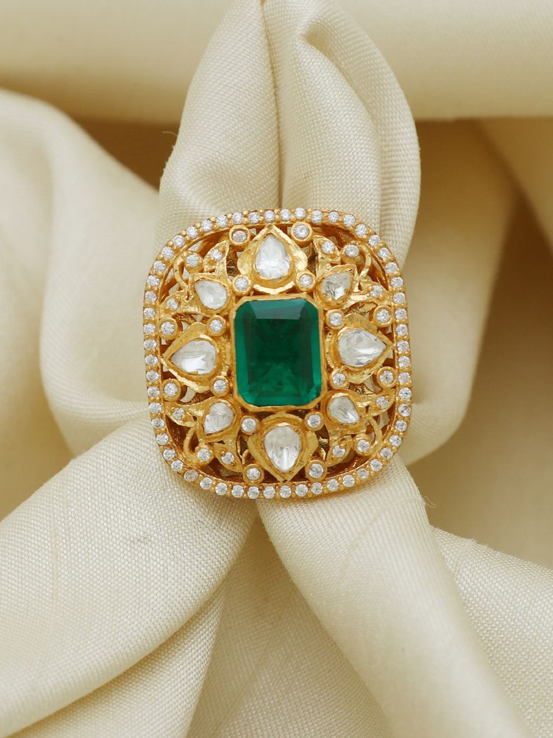 

Raj Gems 925 Silver Emerald Studded Moissanite Adjustable Finger Ring, Gold
