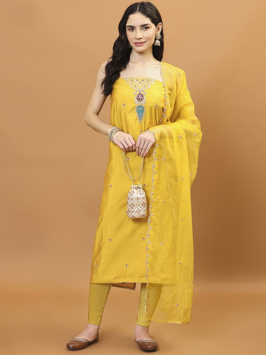 

Meena Bazaar Embroidered Art Silk Unstitched Dress Material, Mustard