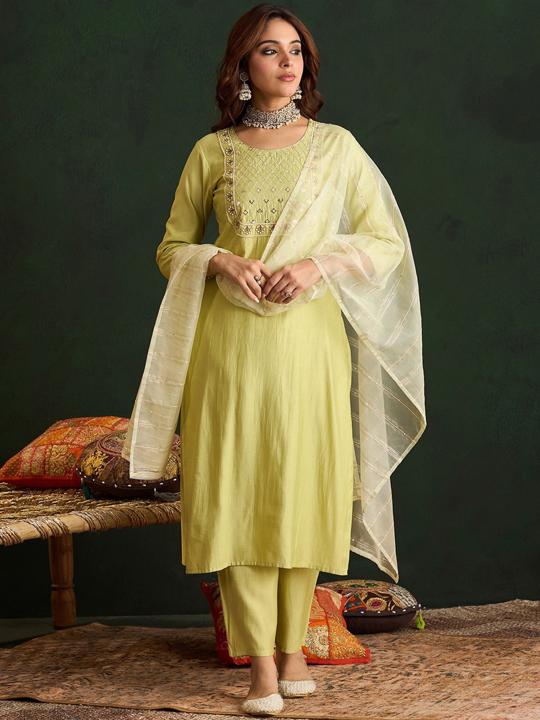 

Indo Era Women Embroidered Regular Thread Work Liva Kurta with Trousers & With Dupatta, Olive