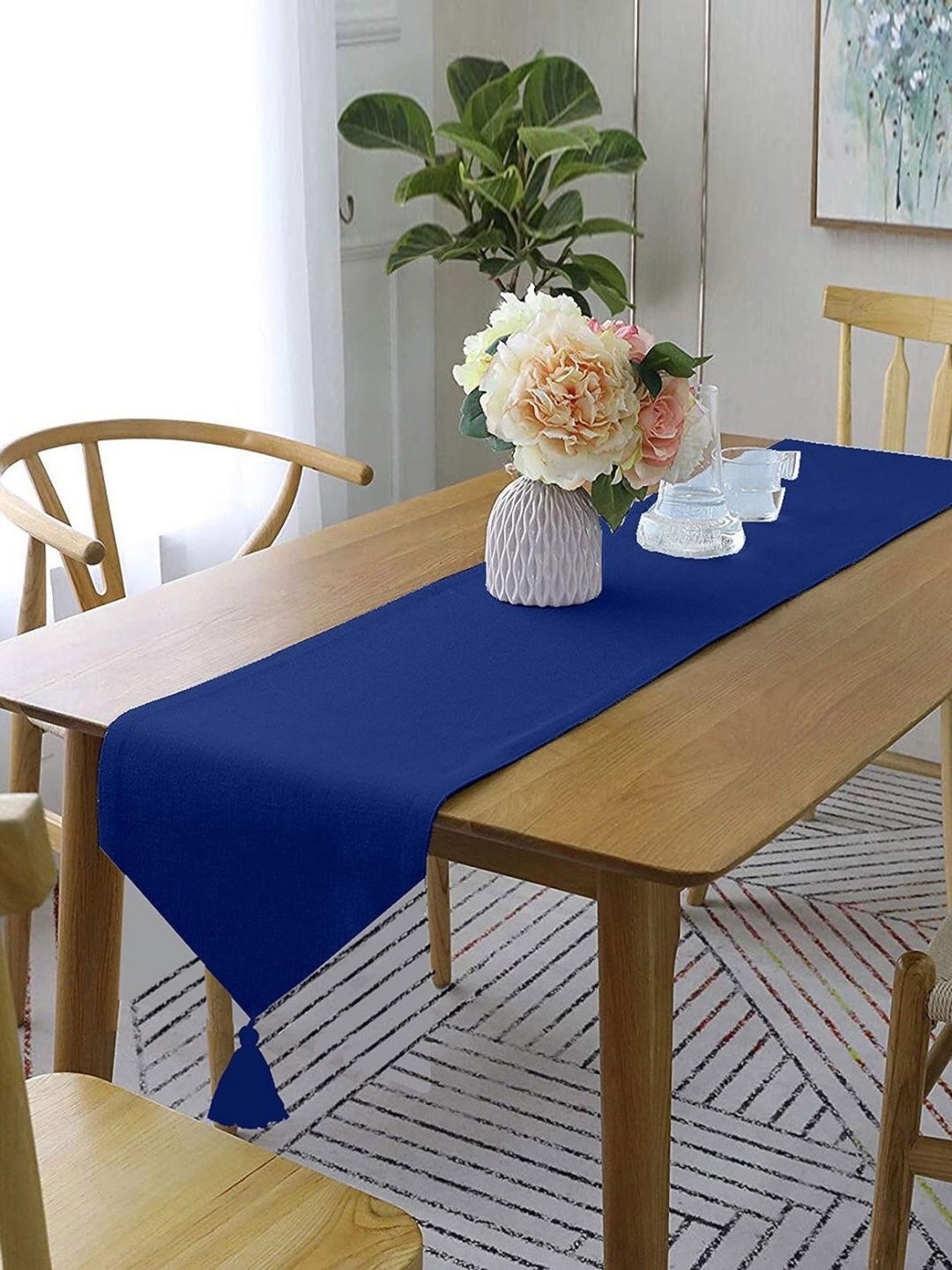 

Lushomes Blue Pure Cotton Rectangular Table Runner With Tassel