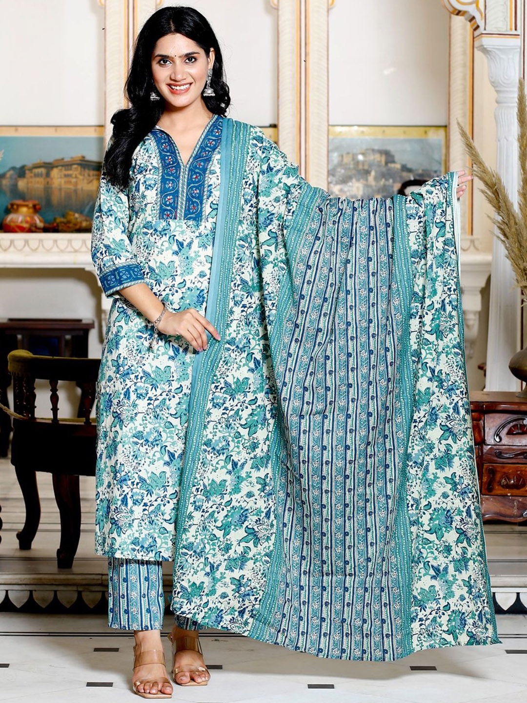 

KALINI Floral Printed Pure Cotton Kurta With Trousers & Dupatta, White