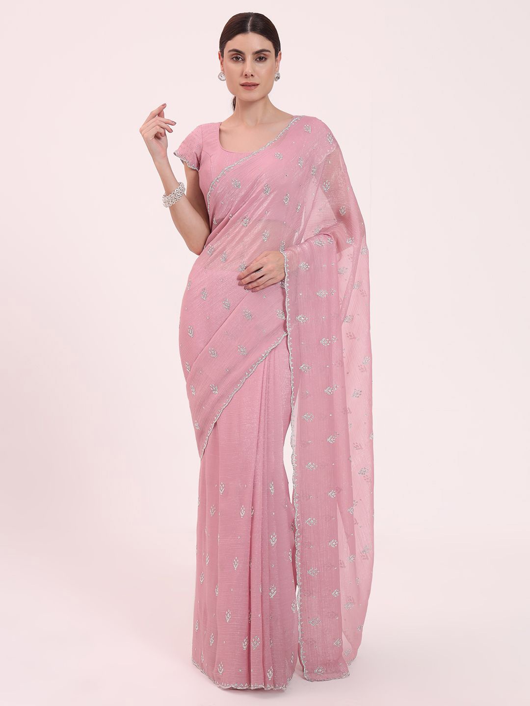 

FIORRA Ethnic Motifs Beads and Stones Organza Saree, Pink