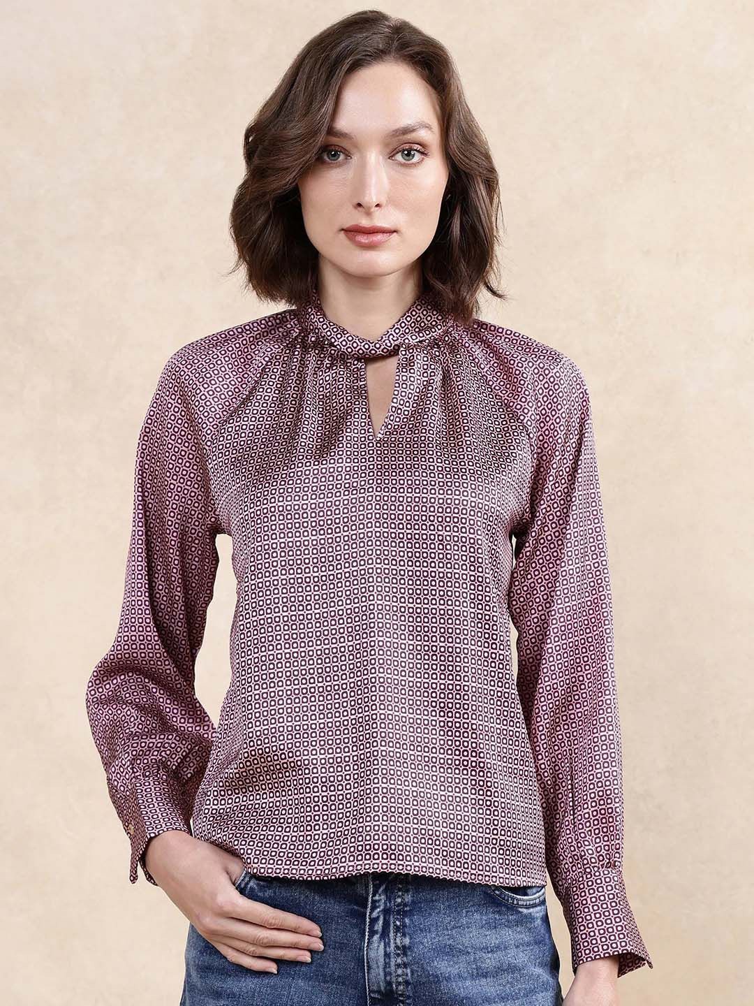 

RAREISM Women Geometric Printed High Neck Top, Pink
