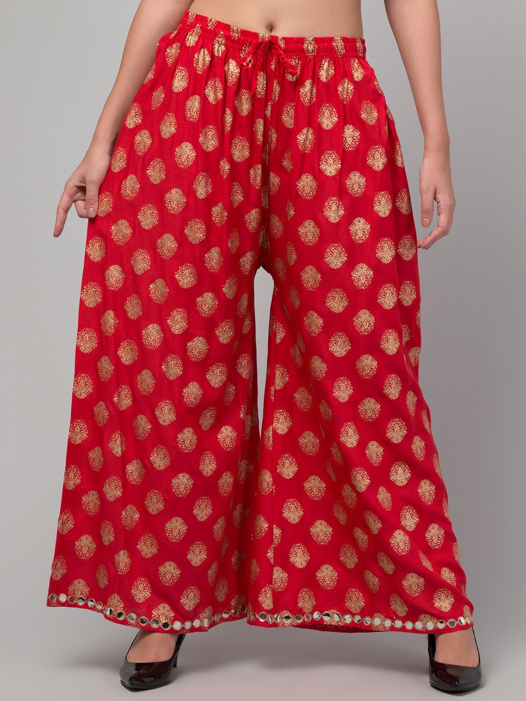 

FAMBEE Women Ethnic Motifs Printed Flared Knitted Palazzos, Red