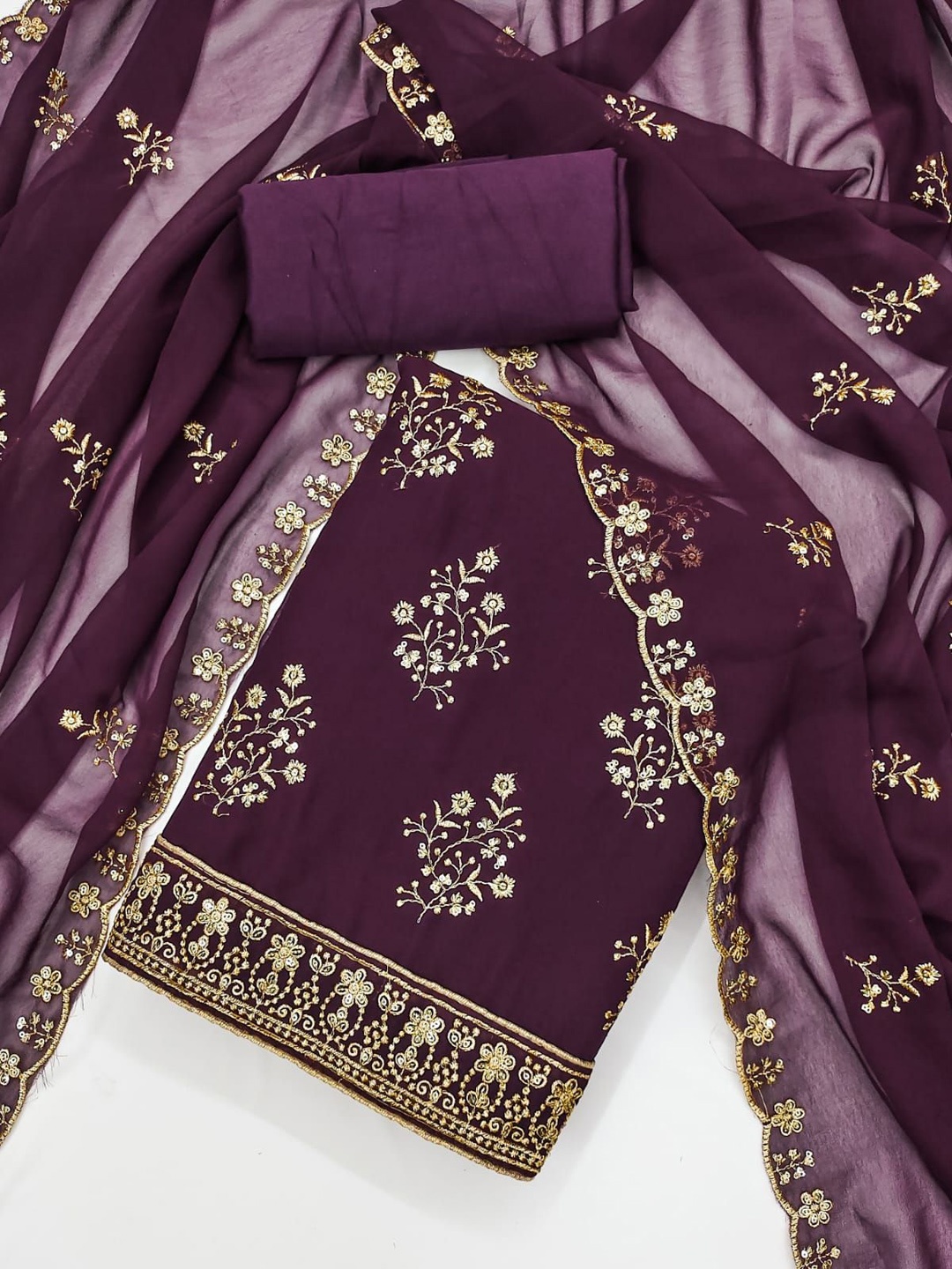 

LeeliPeeri Designer Floral Embroidered Sequinned Unstitched Dress Material, Purple