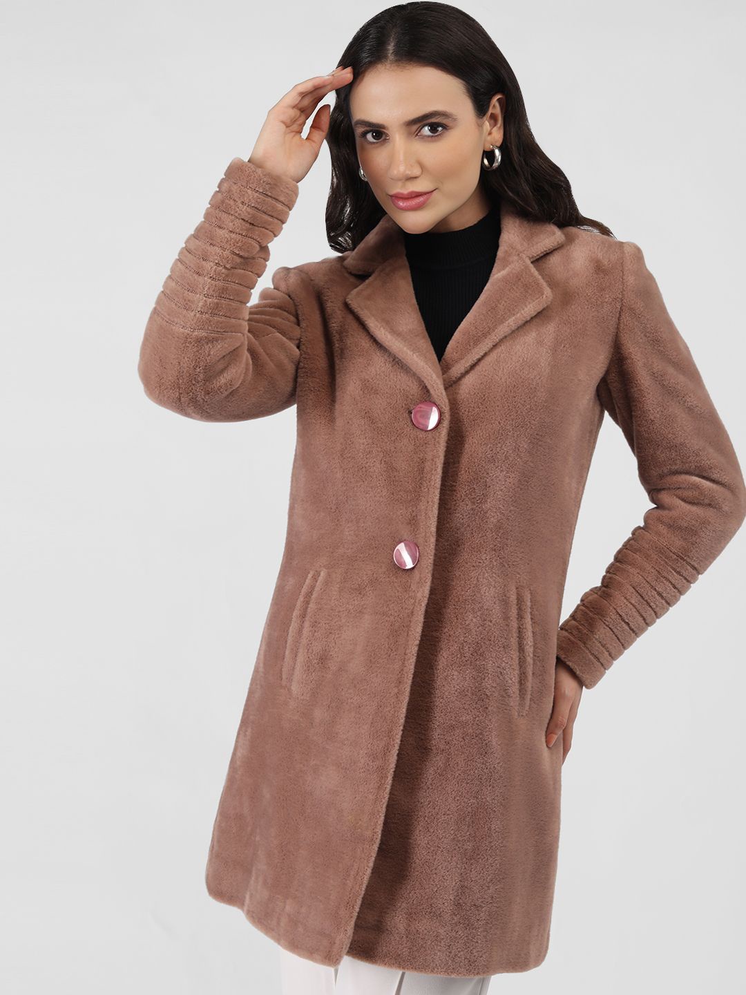 

LURE URBAN Women Notched Lapel Regular Fit Single-Breasted Overcoat, Brown