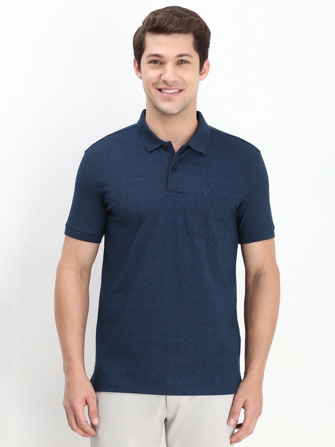 

Allen Solly Men Abstract Printed Polo Collar Cotton T-shirt, Navy blue