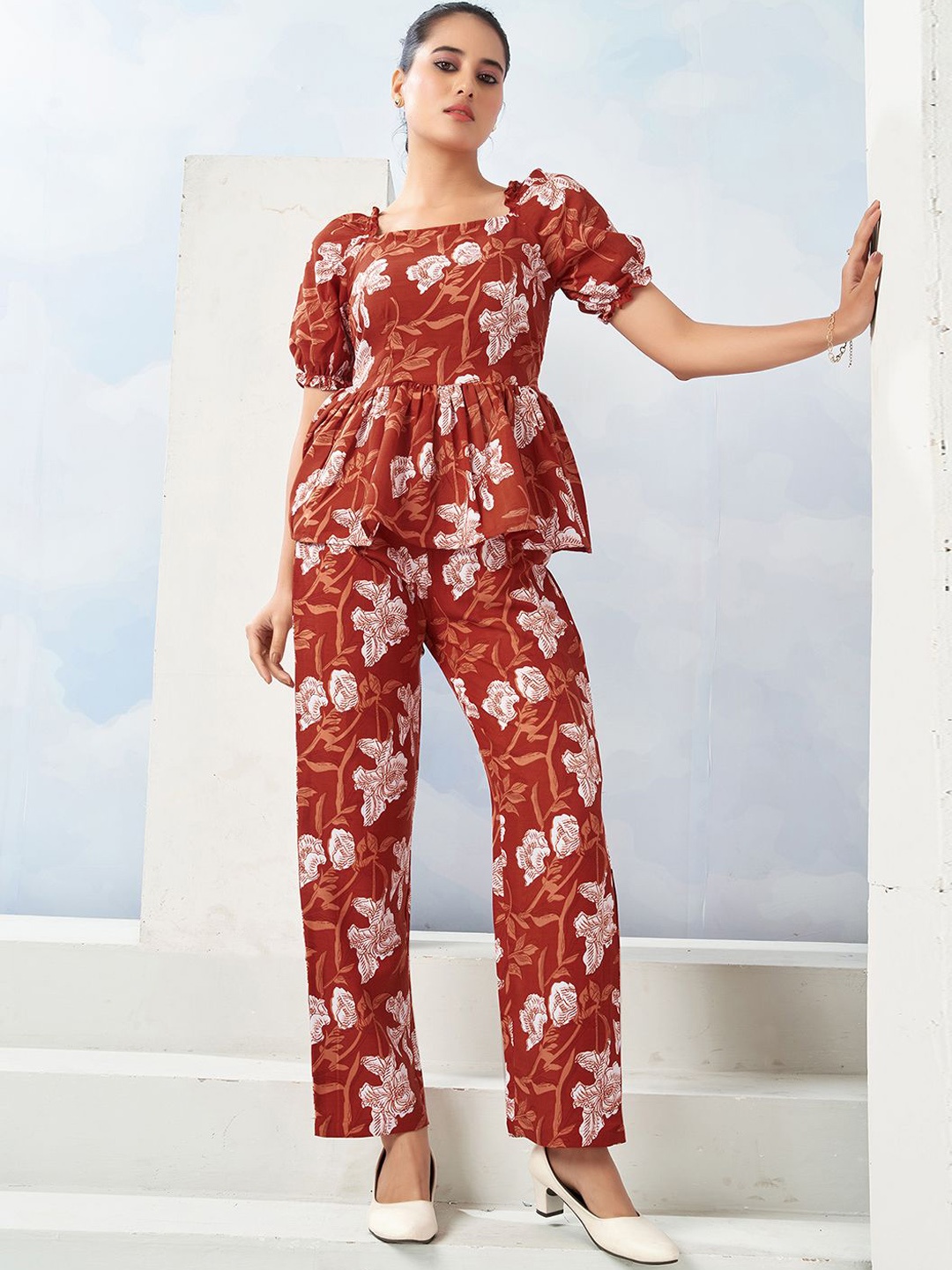 

KALINI Floral Printed Square Neck Top & Trousers, Orange