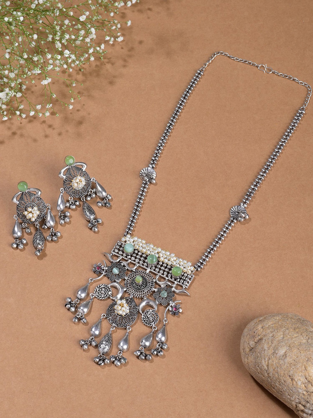 

Designbox Stones Studded & Beaded Oxidised Long Jewellery Set, Silver