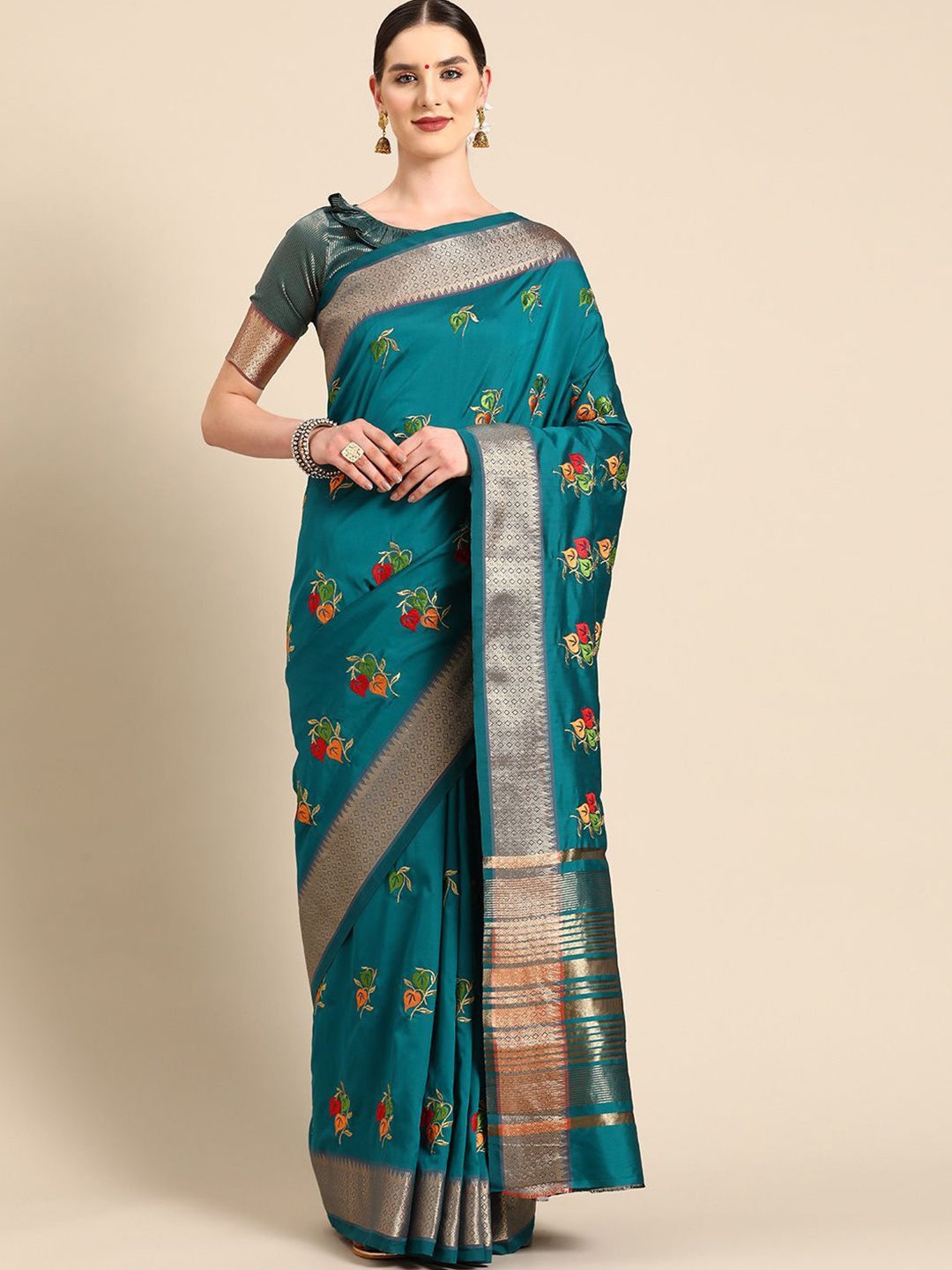 

KAVINDI Floral Embroidered Silk Cotton Saree, Sea green