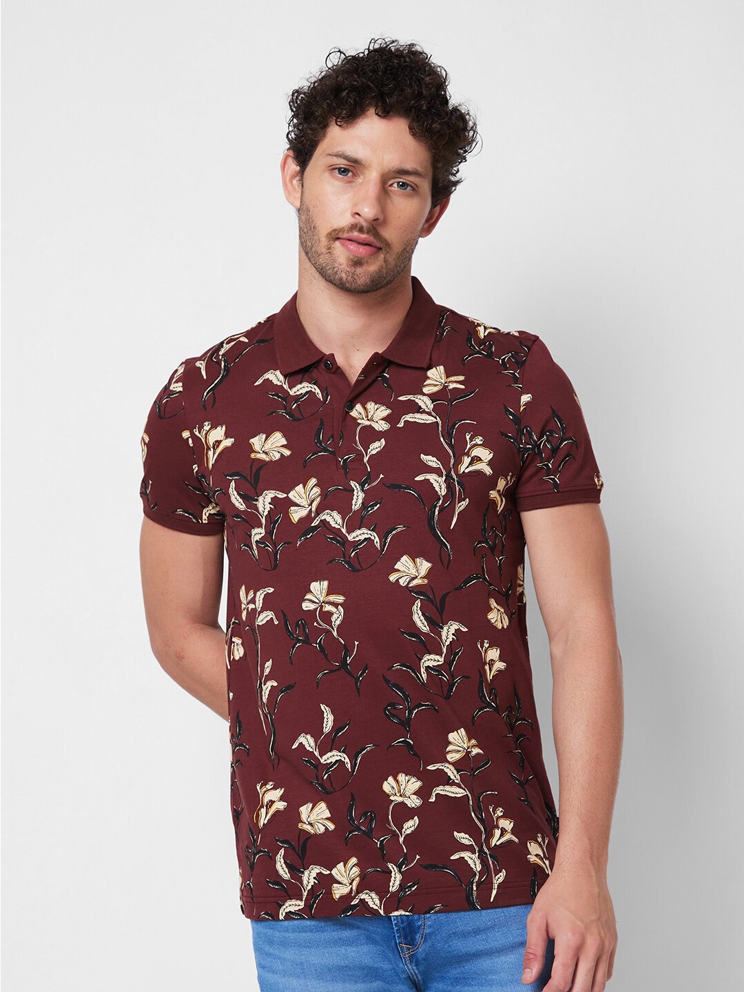 

SPYKAR Polo Collar Short Sleeves Floral Printed Cotton Slim Fit T-shirt, Red