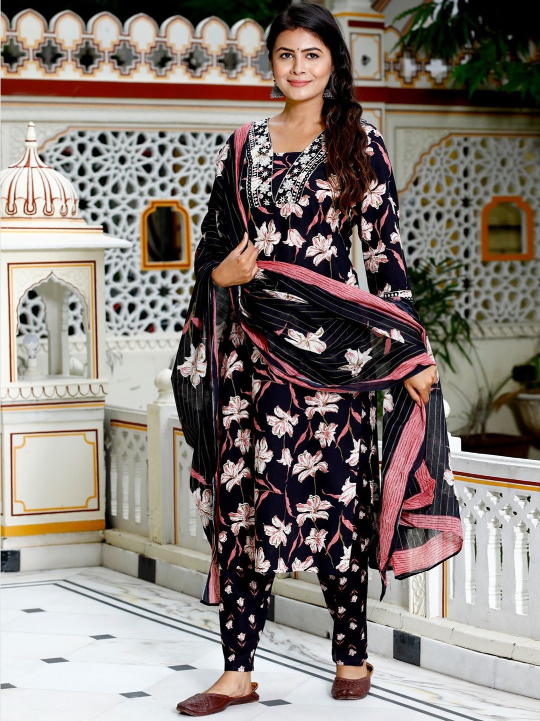 

KALINI Floral Printed Pure Cotton Kurta With Trousers & Dupatta, Black