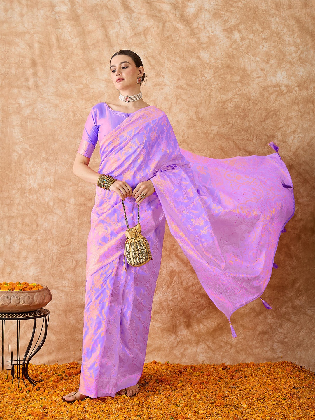 

Sangria Woven Design Banarasi Saree With Blouse Piece, Lavender