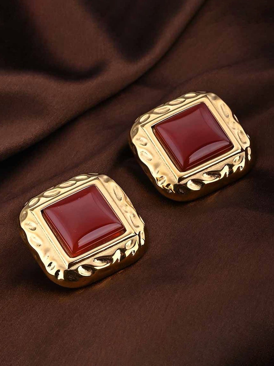 

PALMONAS Stainless Steel Gold-Plated Stone Studded Square Studs