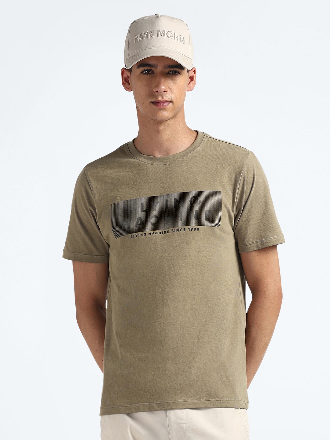 

Flying Machine Round Neck Short Sleeves Printed Cotton Regular Fit T-shirt, Brown