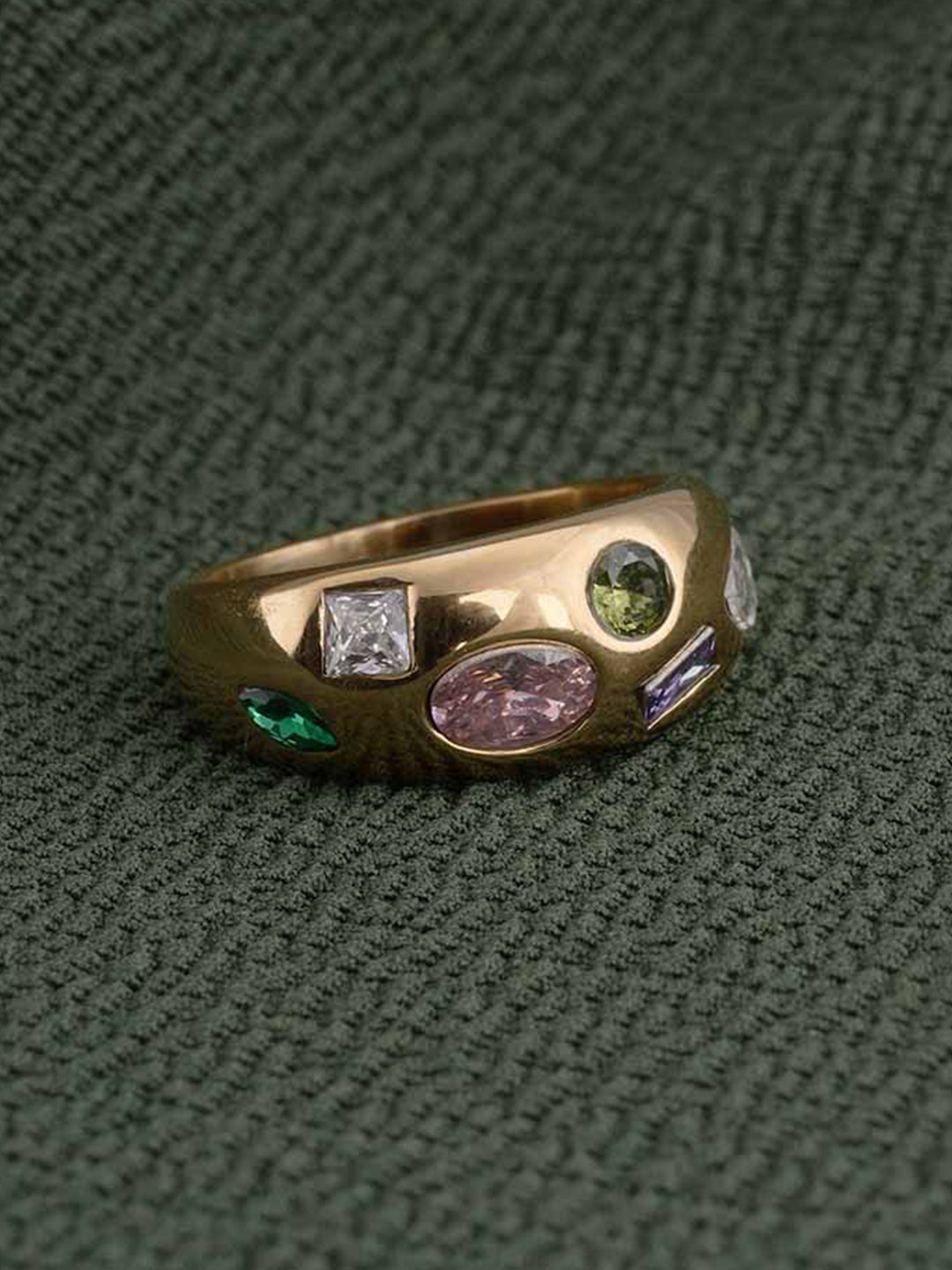 

PALMONAS Gold-Plated Stainless Steel Stones-Studded Finger Ring